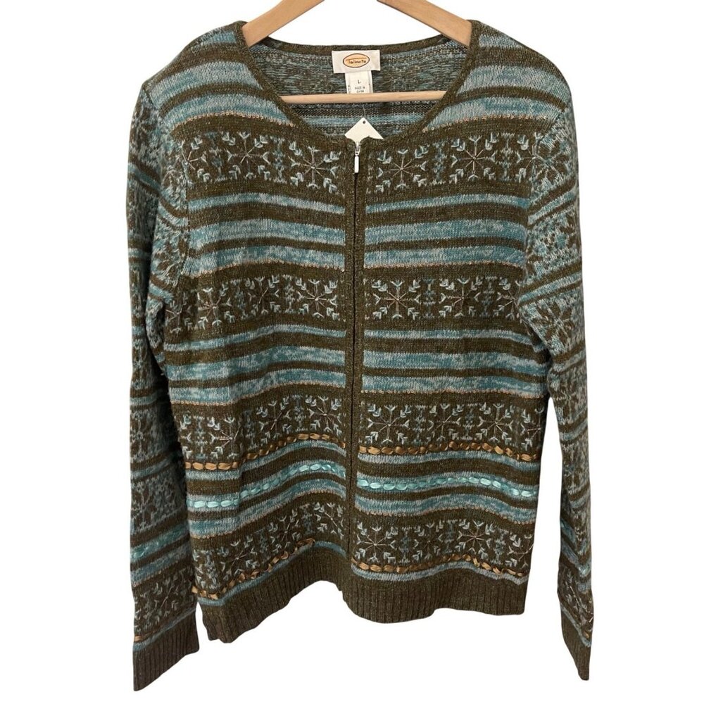 Talbots Womens Fair Isle Lambswool Zip Cardigan Size L Cottagecore Cozy Winter